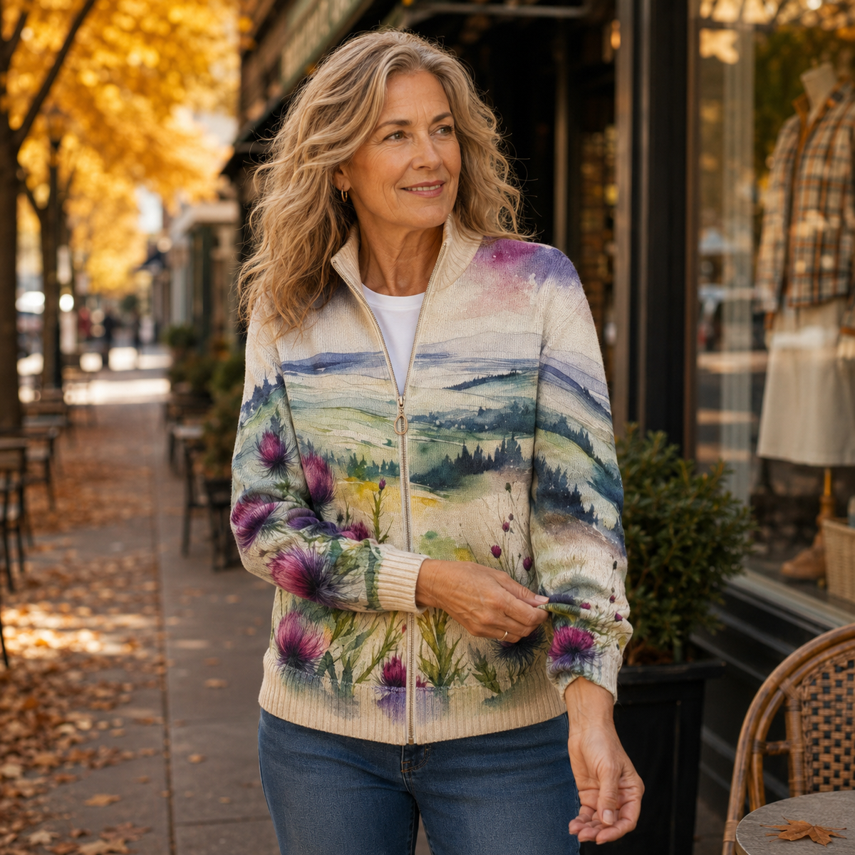 Zelda - Scottish Thistle Landscape Zip Cardigan