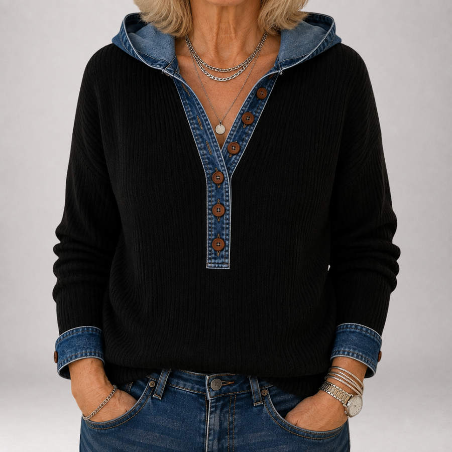 Stephanie - Denim Trim Hooded Henley Sweater