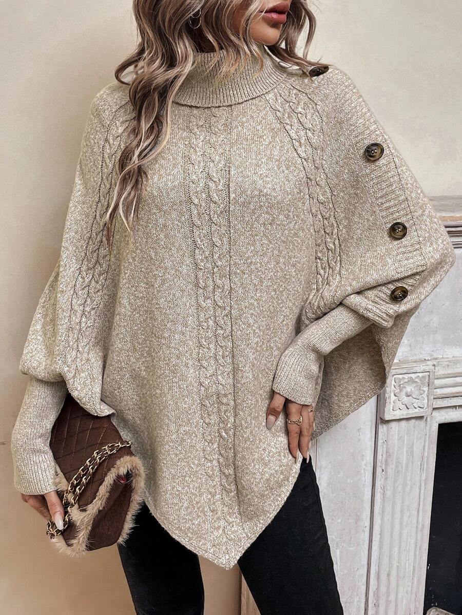 Alexis - High Neck Batwing Poncho Sweater, Asymmetrical Cable Knit Pullover