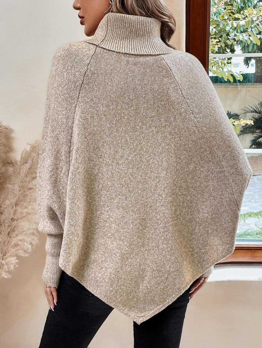 Alexis - High Neck Batwing Poncho Sweater, Asymmetrical Cable Knit Pullover