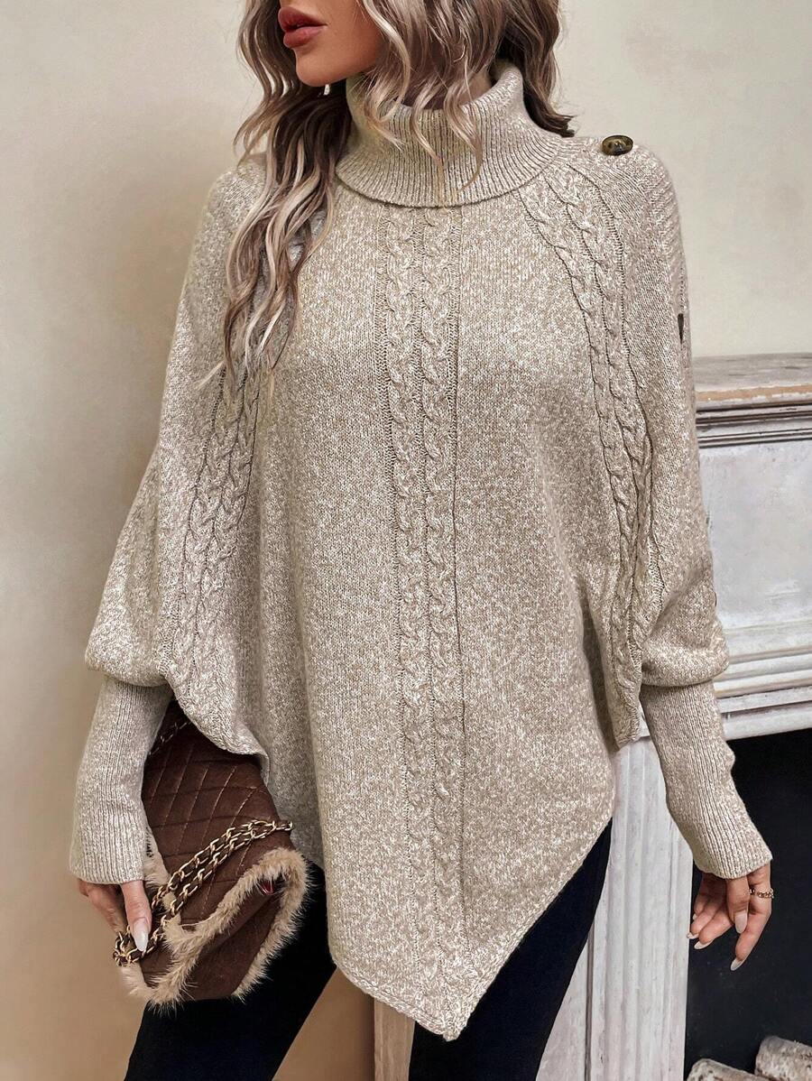 Alexis - High Neck Batwing Poncho Sweater, Asymmetrical Cable Knit Pullover