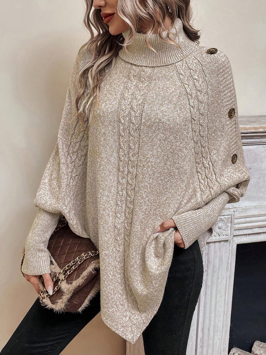 Alexis - High Neck Batwing Poncho Sweater, Asymmetrical Cable Knit Pullover