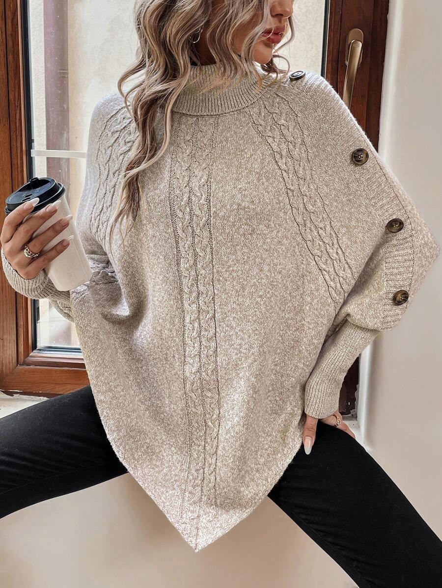 Alexis - High Neck Batwing Poncho Sweater, Asymmetrical Cable Knit Pullover