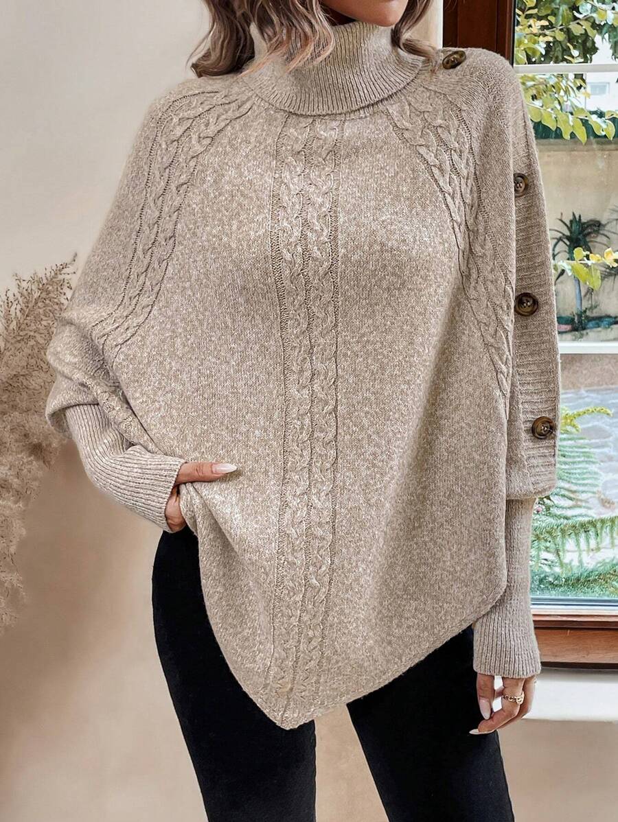 Alexis - High Neck Batwing Poncho Sweater, Asymmetrical Cable Knit Pullover