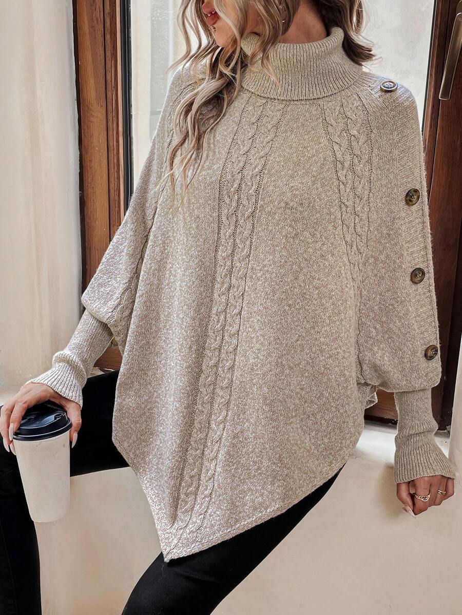 Alexis - High Neck Batwing Poncho Sweater, Asymmetrical Cable Knit Pullover
