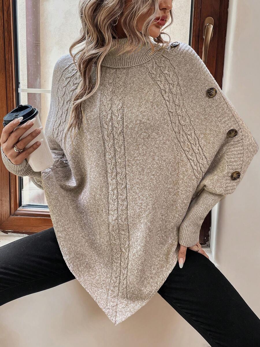 Alexis - High Neck Batwing Poncho Sweater, Asymmetrical Cable Knit Pullover
