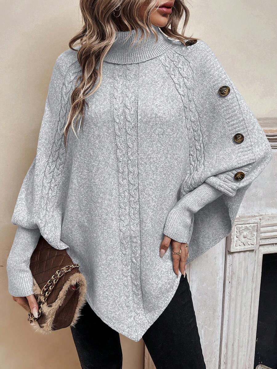 Alexis - High Neck Batwing Poncho Sweater, Asymmetrical Cable Knit Pullover