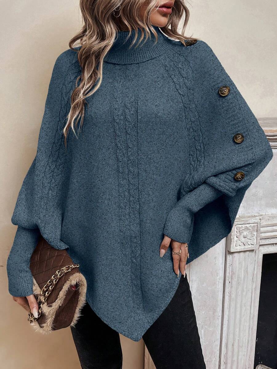 Alexis - High Neck Batwing Poncho Sweater, Asymmetrical Cable Knit Pullover