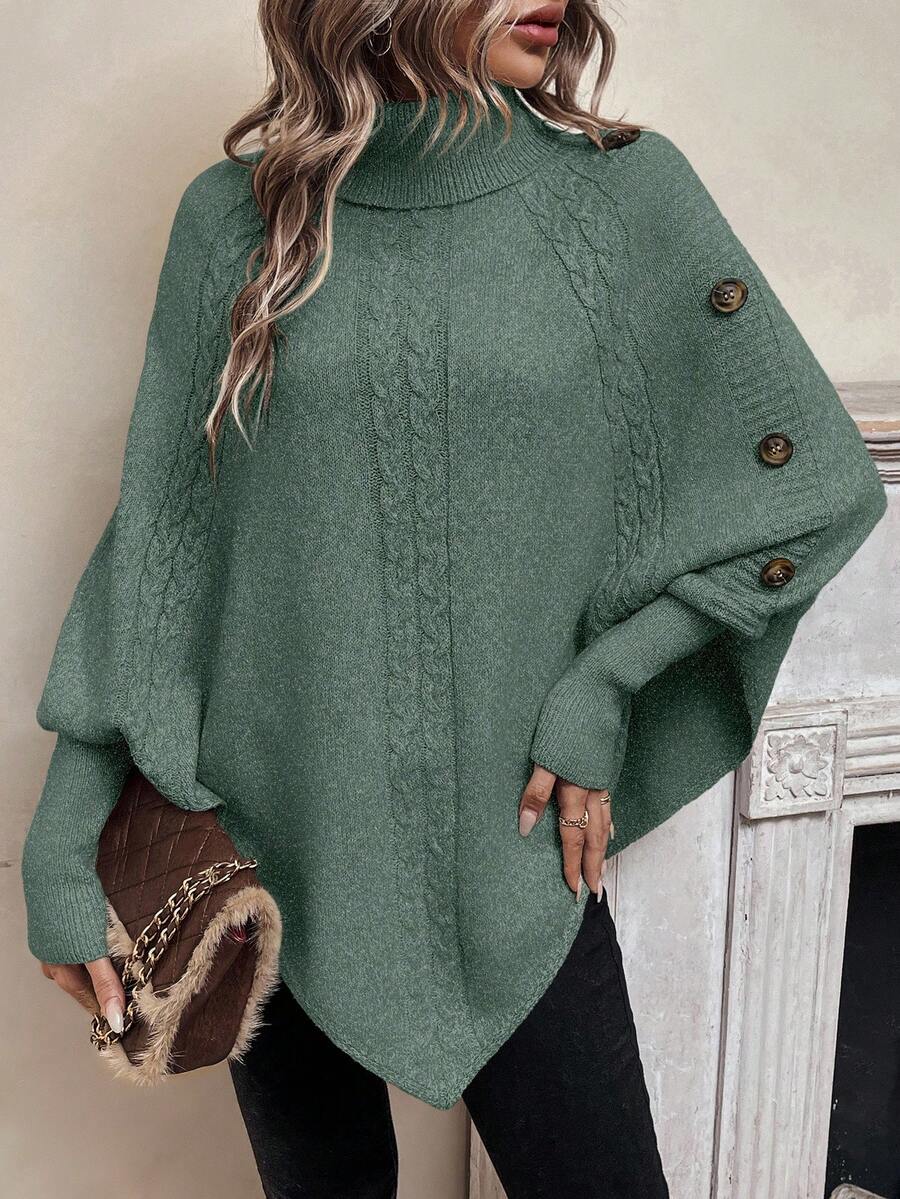 Alexis - High Neck Batwing Poncho Sweater, Asymmetrical Cable Knit Pullover