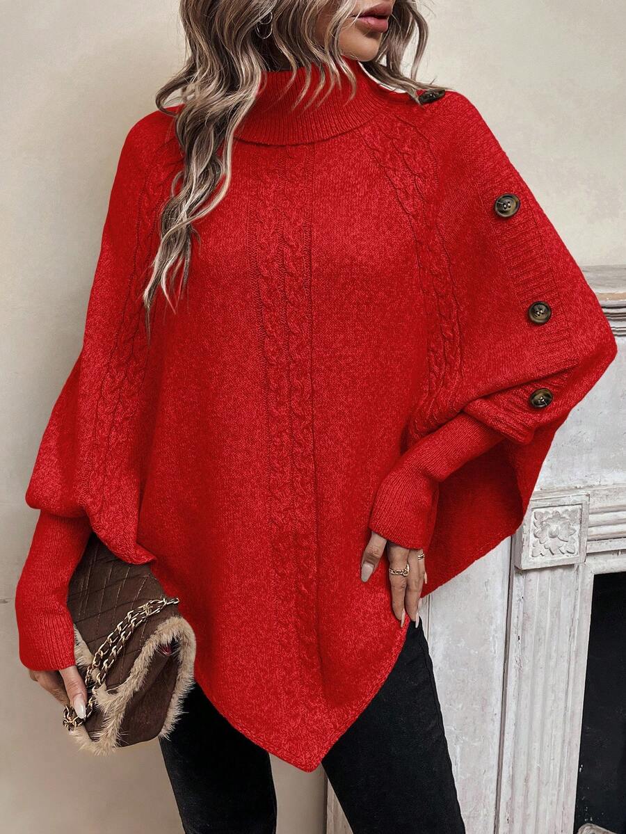 Alexis - High Neck Batwing Poncho Sweater, Asymmetrical Cable Knit Pullover
