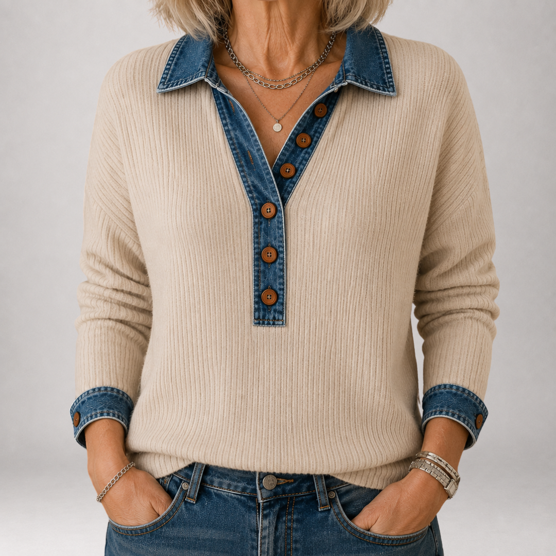 Clarisse - Denim Collar Ribbed Polo Sweater