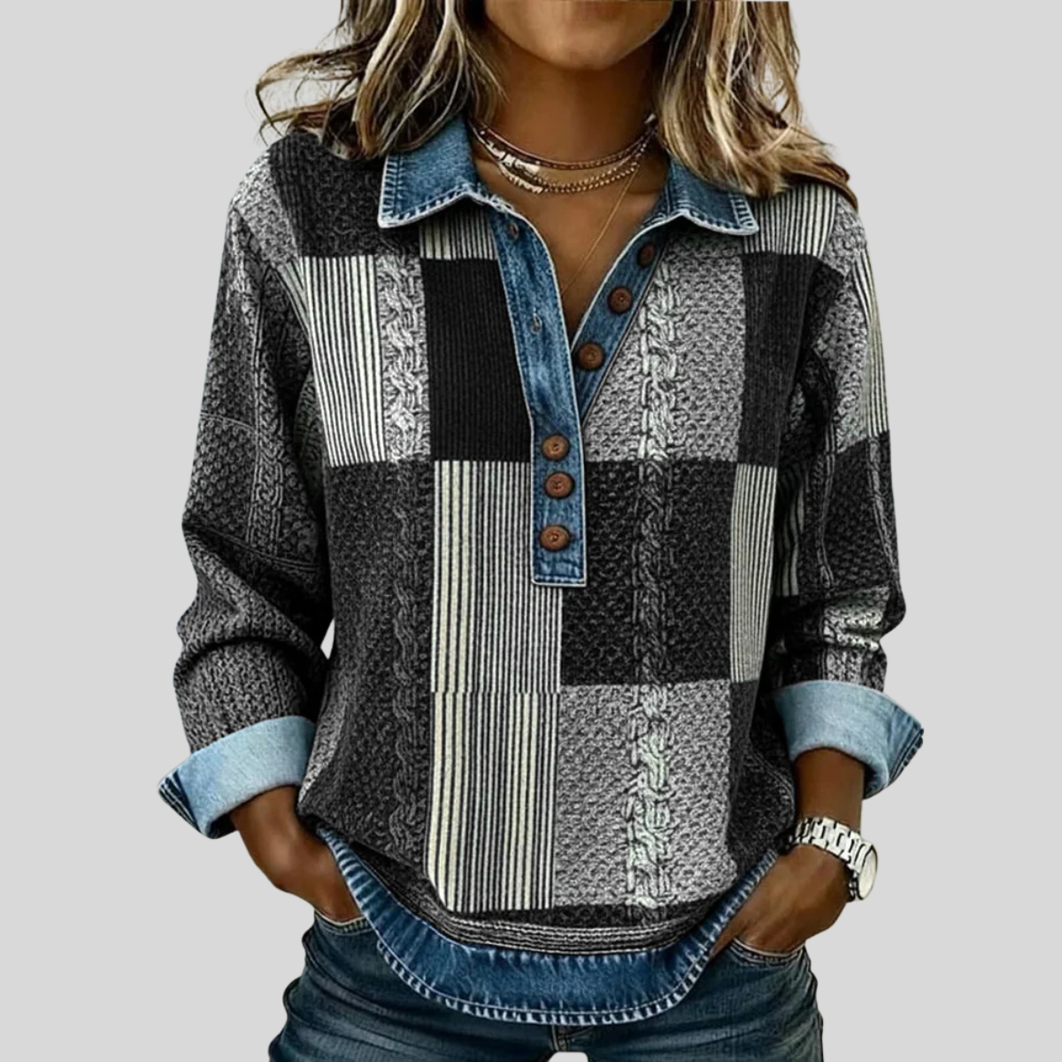 Stella | Women's Colorblock Button-Front Pullover Sweatshirt