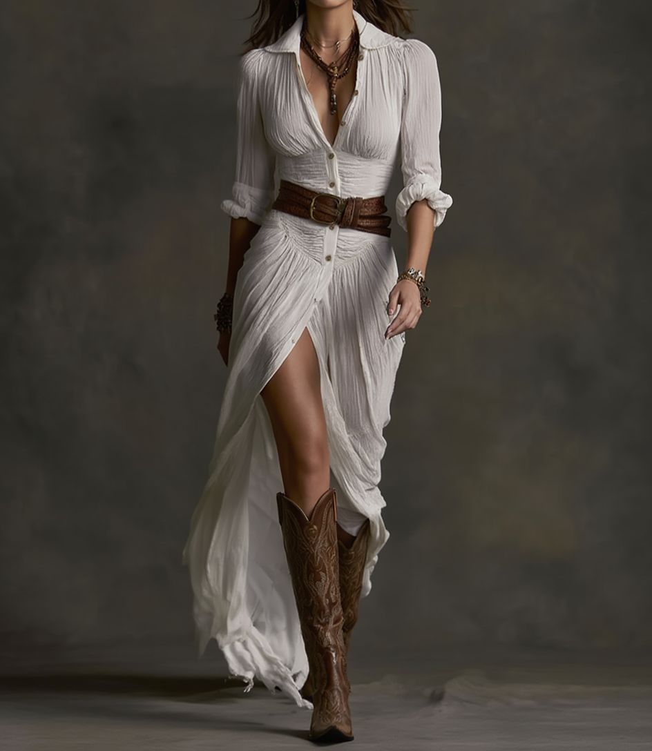 Angela - Long Linen Dress with Inverted Collar