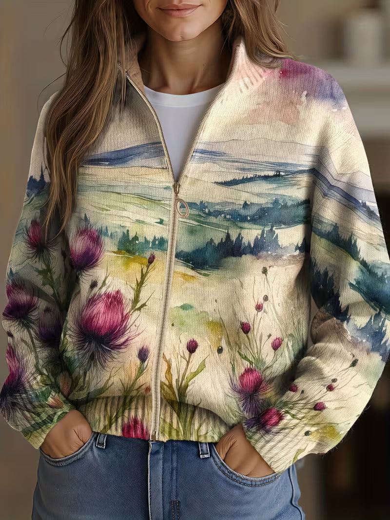 Zelda - Scottish Thistle Landscape Zip Cardigan