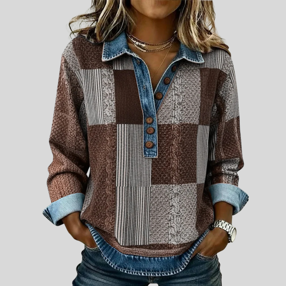 Stella | Women's Colorblock Button-Front Pullover Sweatshirt