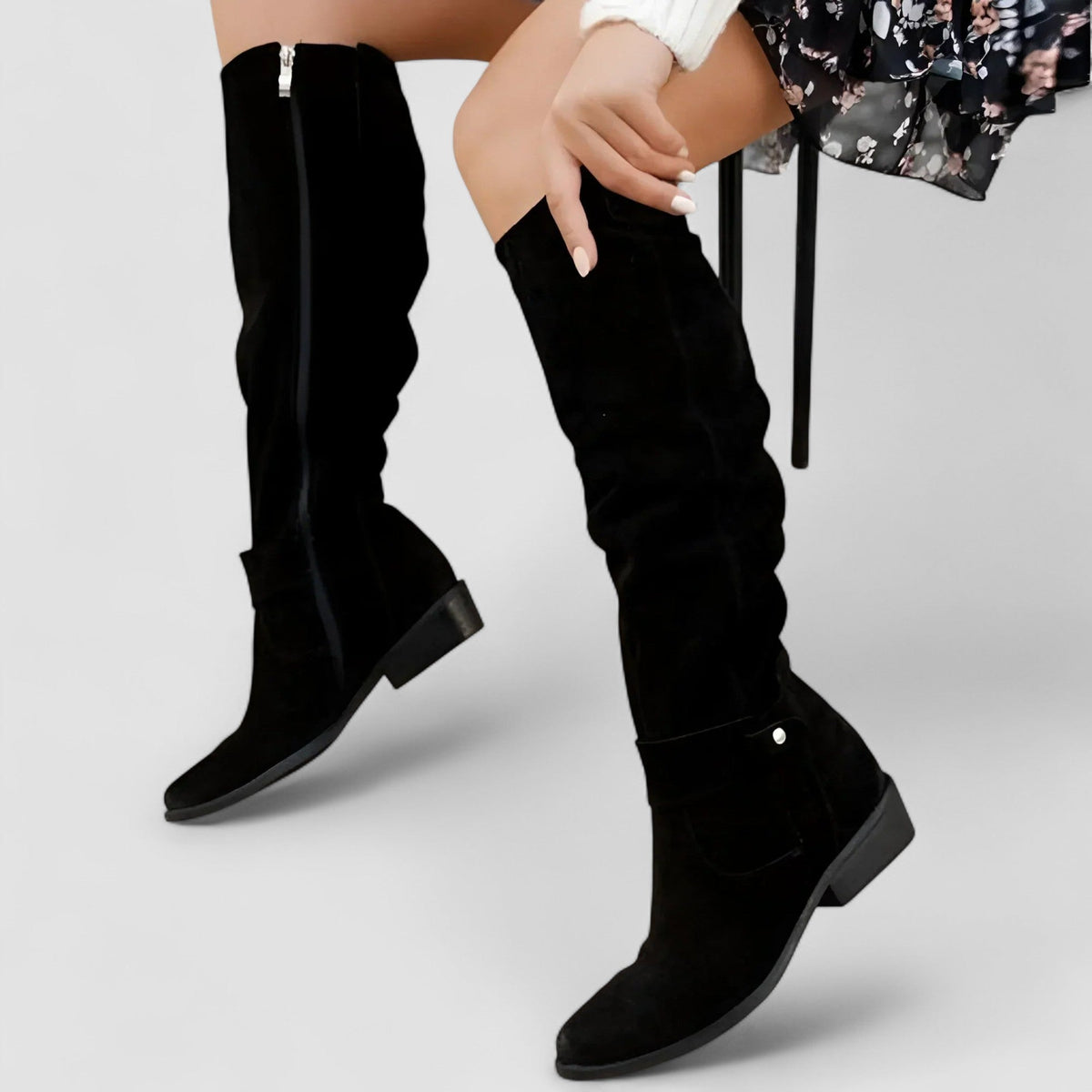 Nora - Suede-Look Knee-High Low Heel Boots