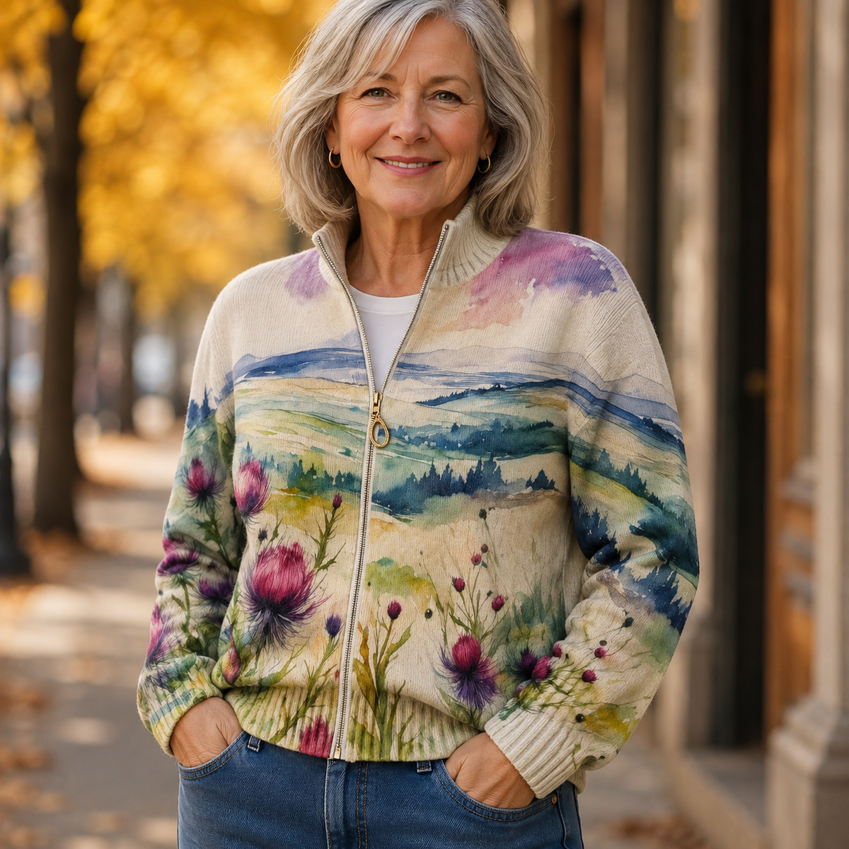 Zelda - Scottish Thistle Landscape Zip Cardigan