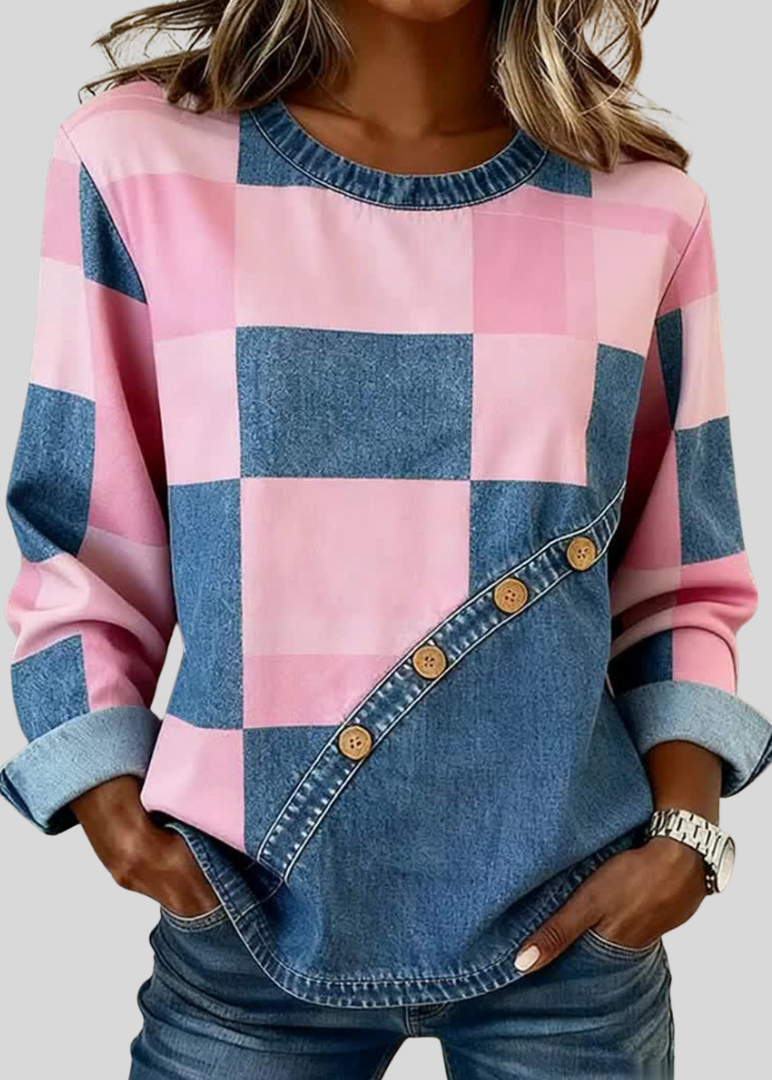 Tessa | Women's Patchwork Color-Block Button Trim Sweatshirt