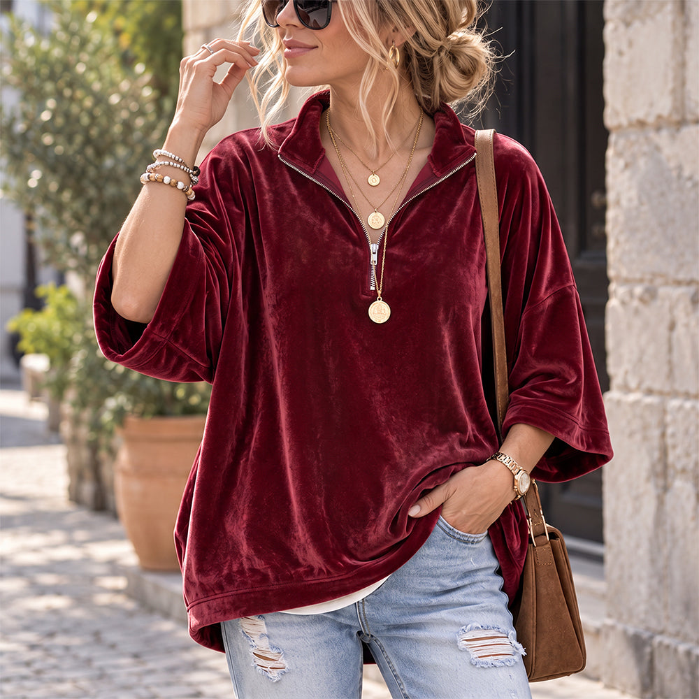Bridget - Velvet Half-Zip Oversized Pullover