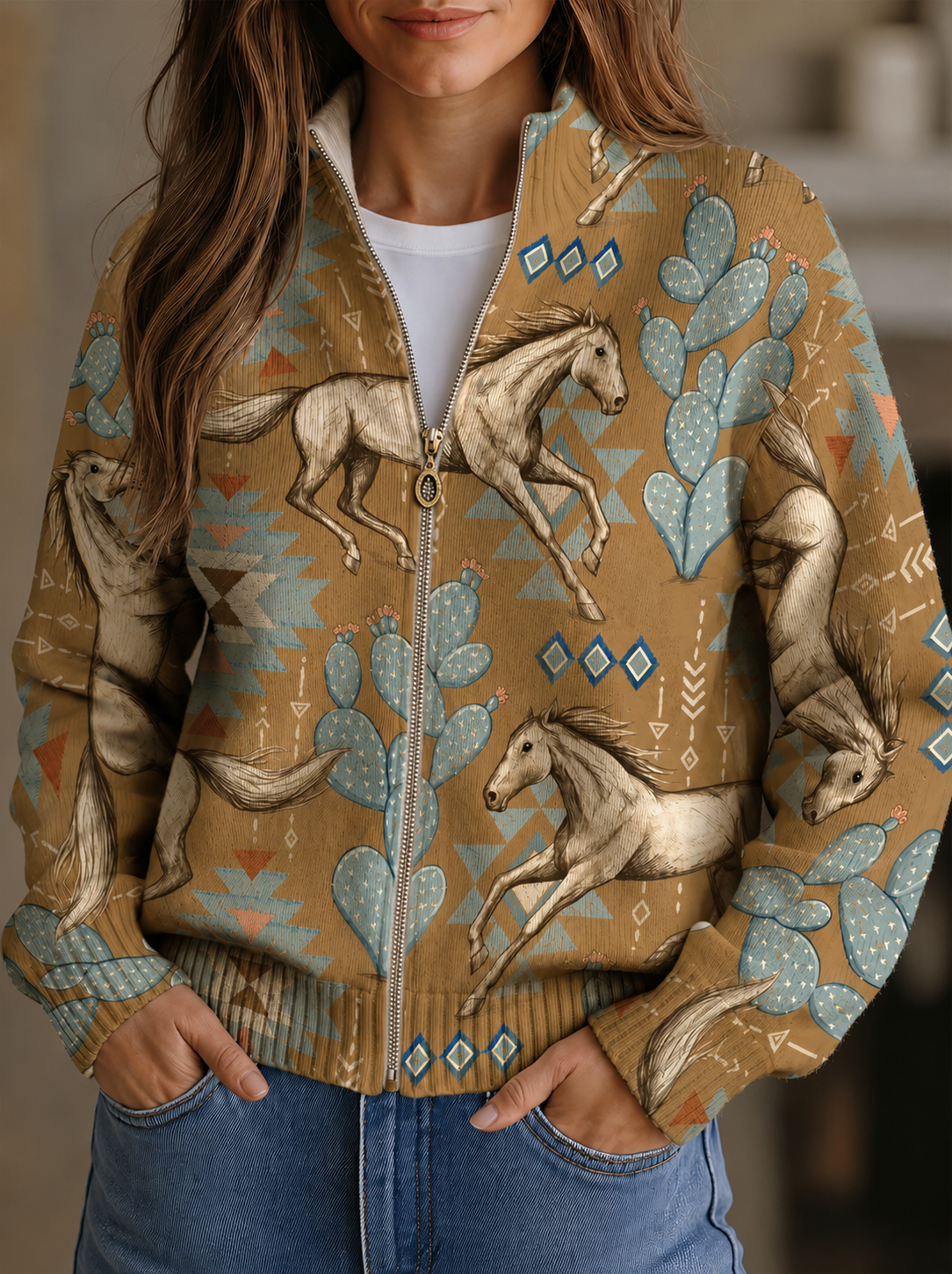 Perpetua - Desert Horse and Cactus Zip Cardigan