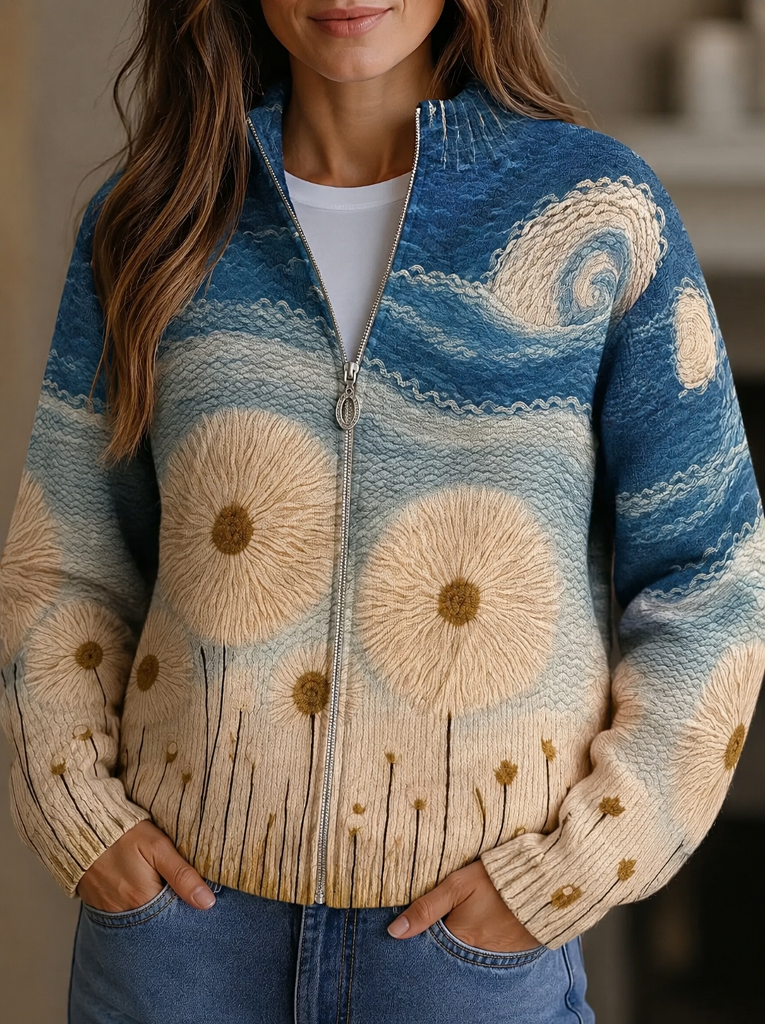 Yolanda - Dandelion Meadow Quilted Zip Cardigan