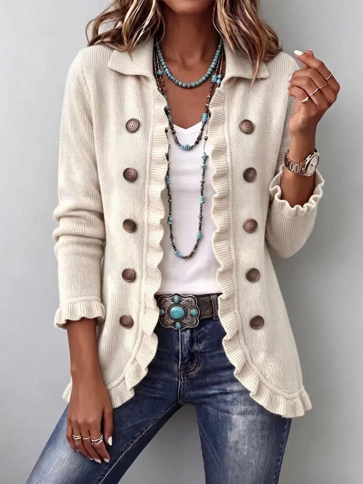 Adeline - Ivory Ribbed Knit Ruffle Jacket