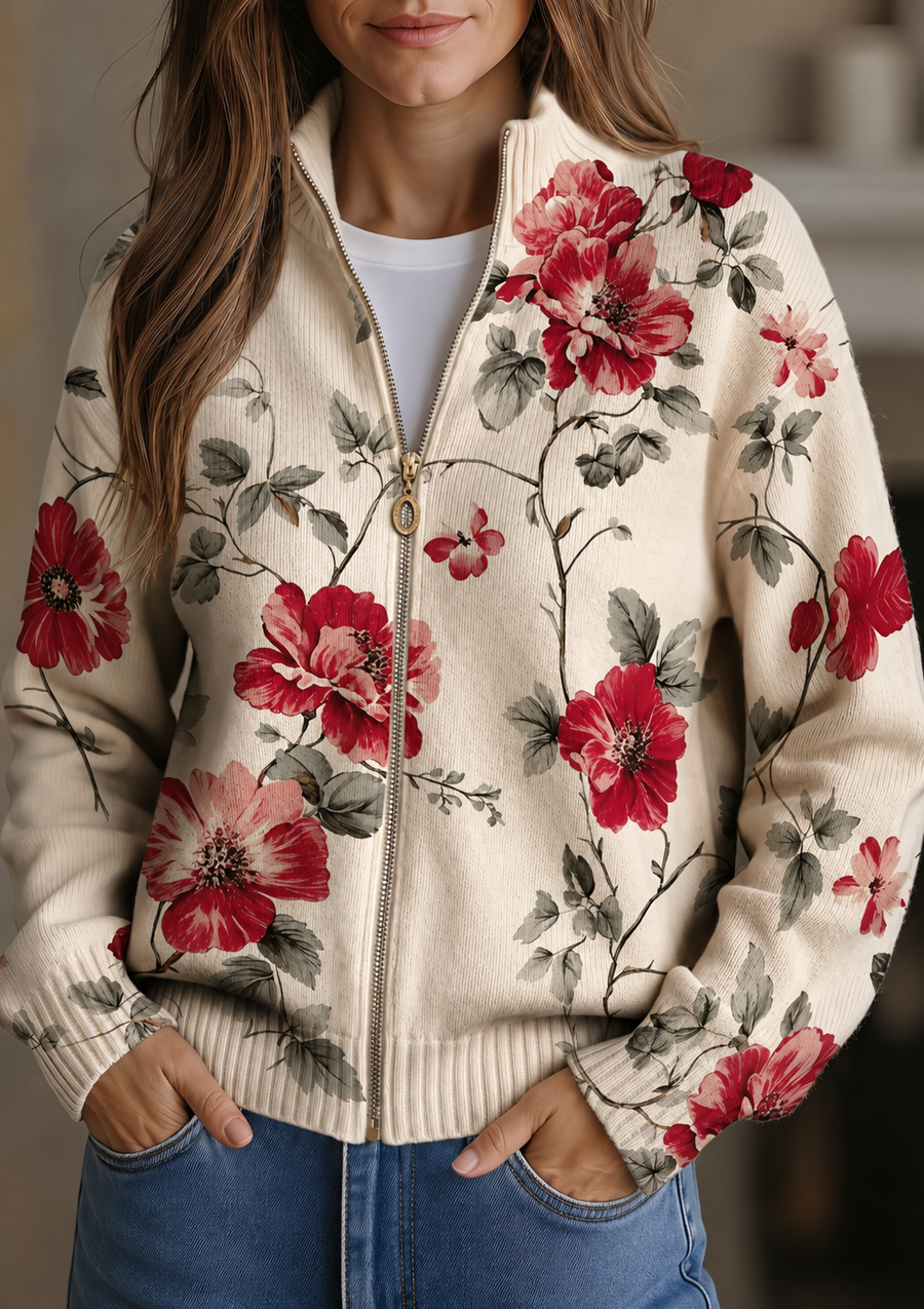 Wilhelmine - Vintage Rose Print Zip Cardigan