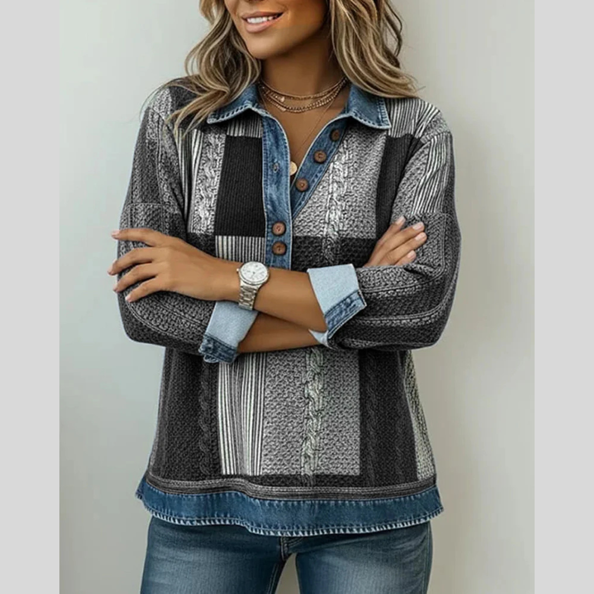 Stella | Women's Colorblock Button-Front Pullover Sweatshirt