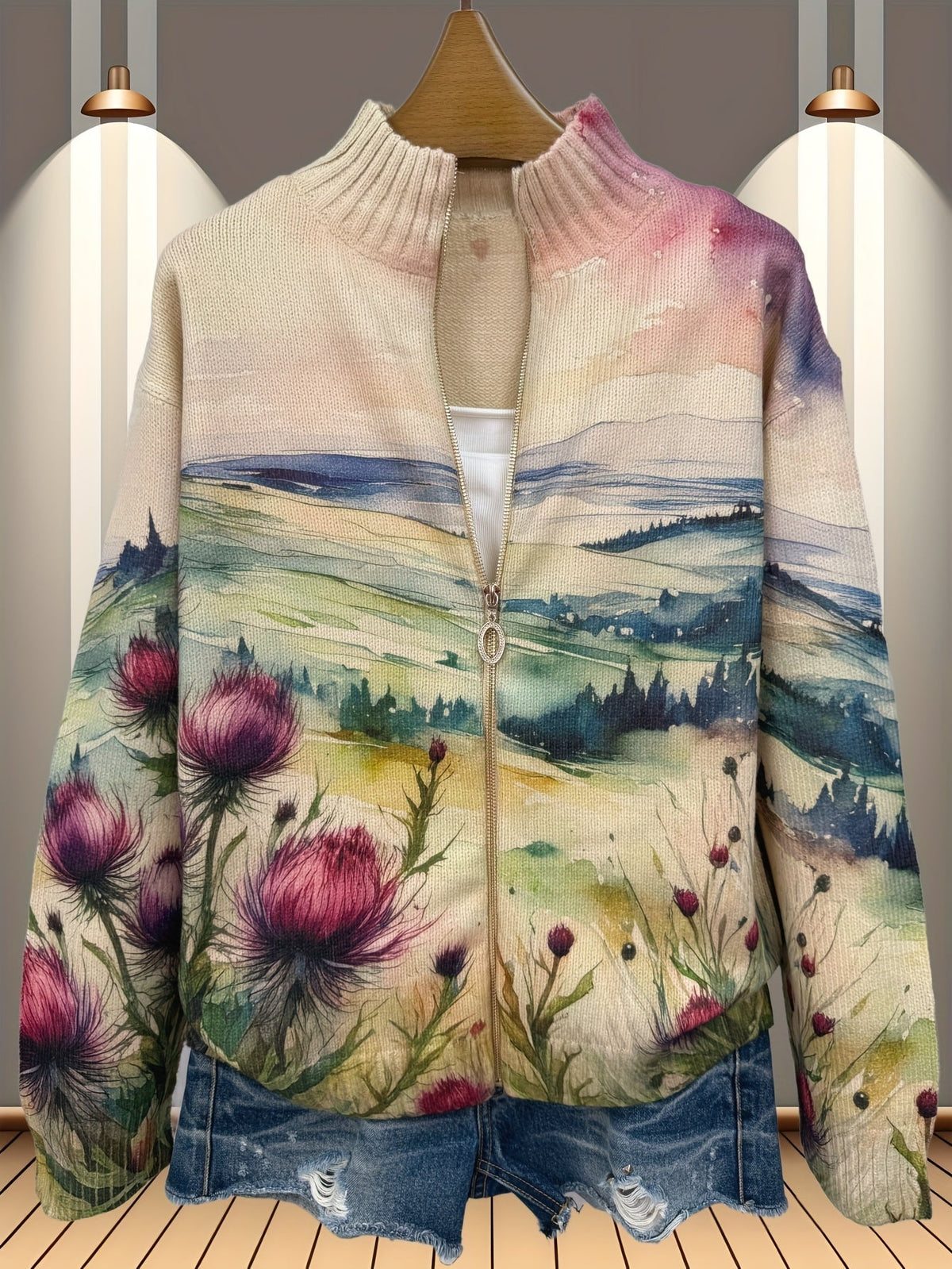 Zelda - Scottish Thistle Landscape Zip Cardigan