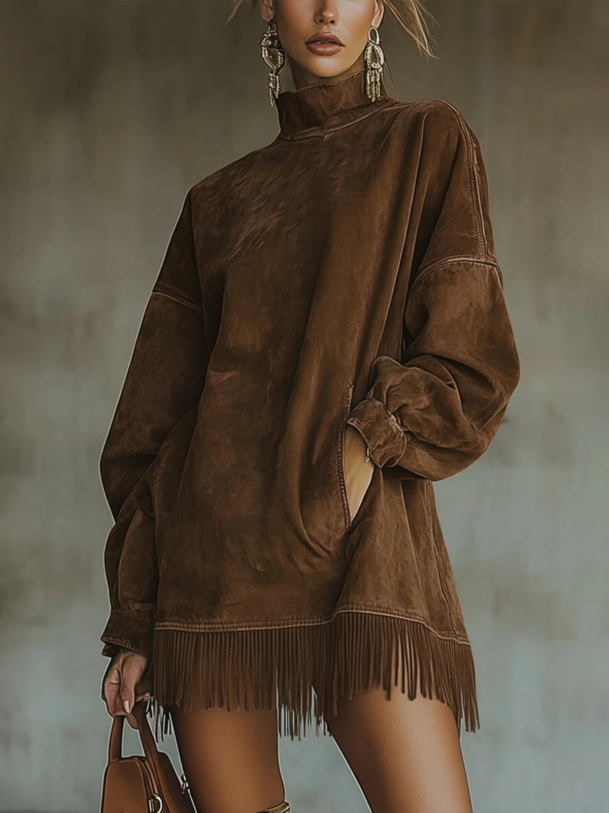 Gabriela - Suede Dress with High Neck and Fringe