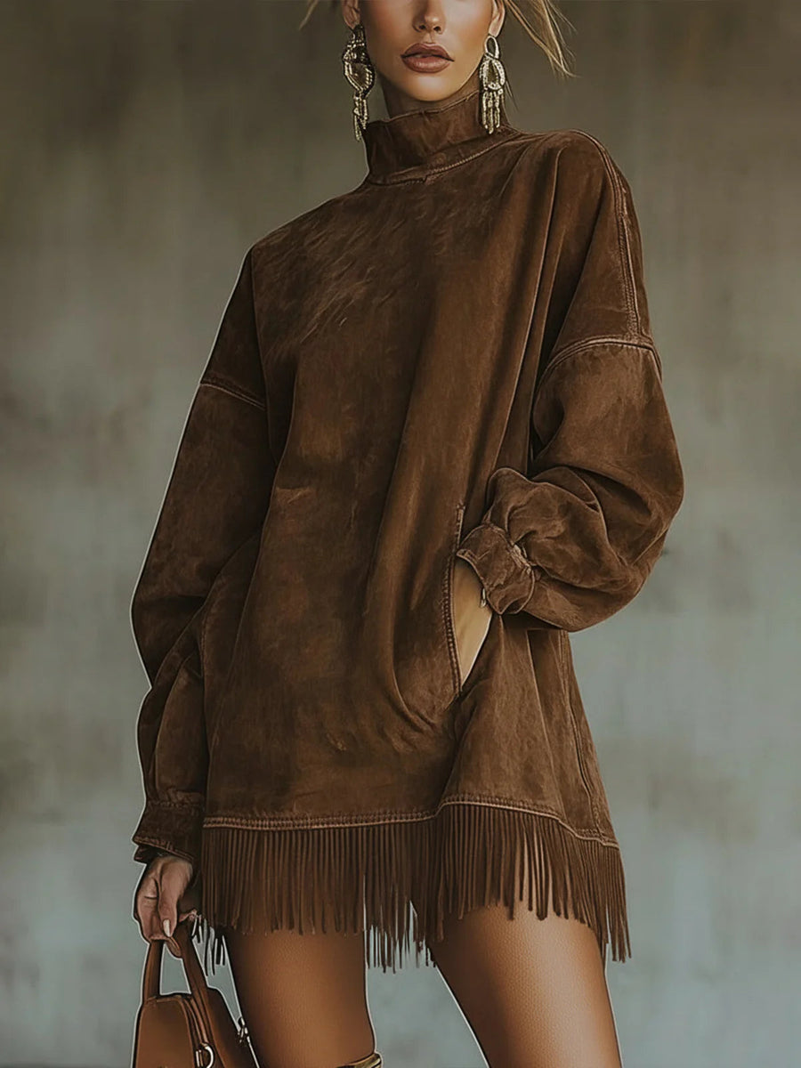Gabriela - Suede Dress with High Neck and Fringe