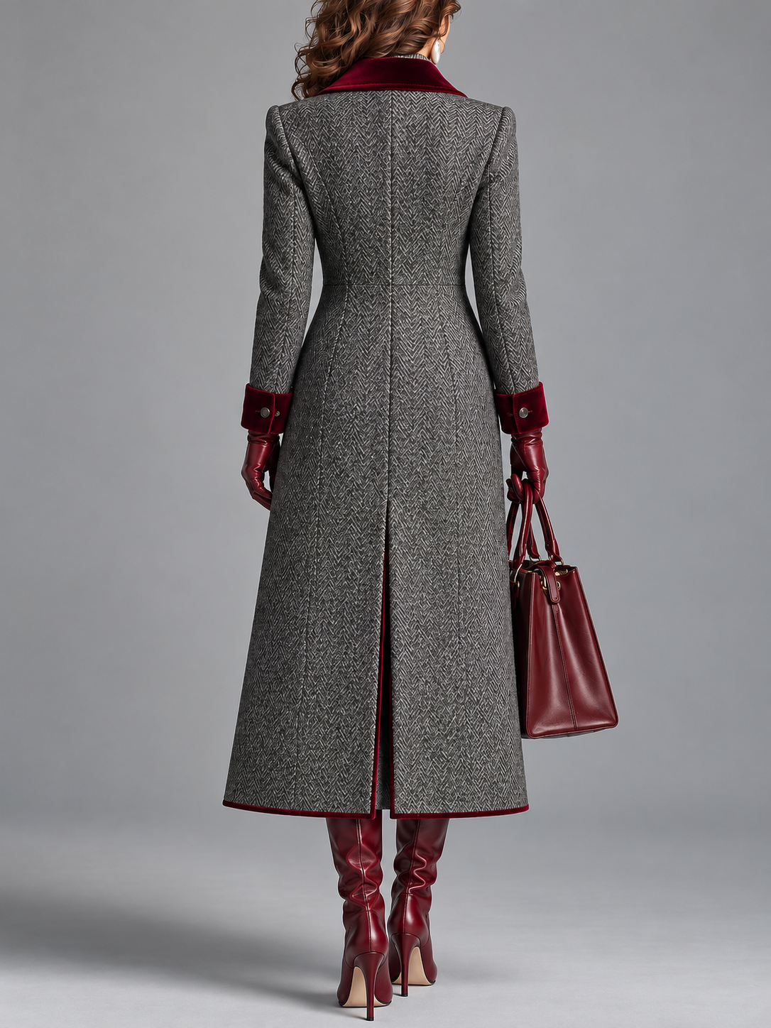 Dorothy - Herringbone Wool Long Coat with Velvet Trim