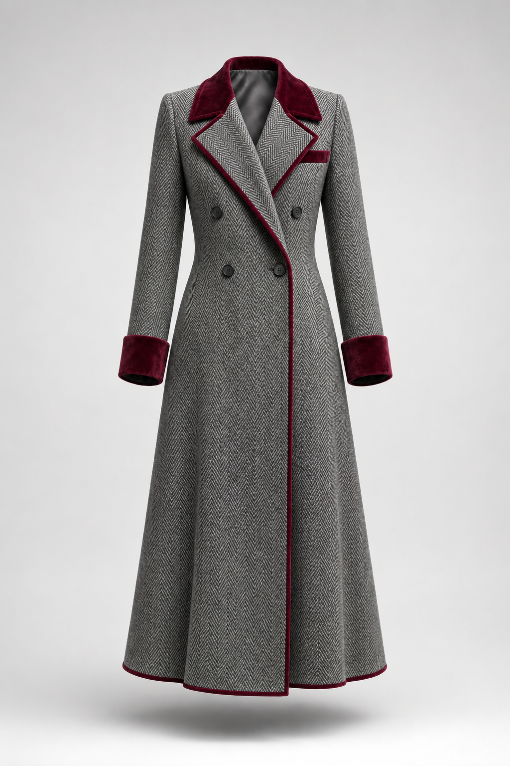 Dorothy - Herringbone Wool Long Coat with Velvet Trim
