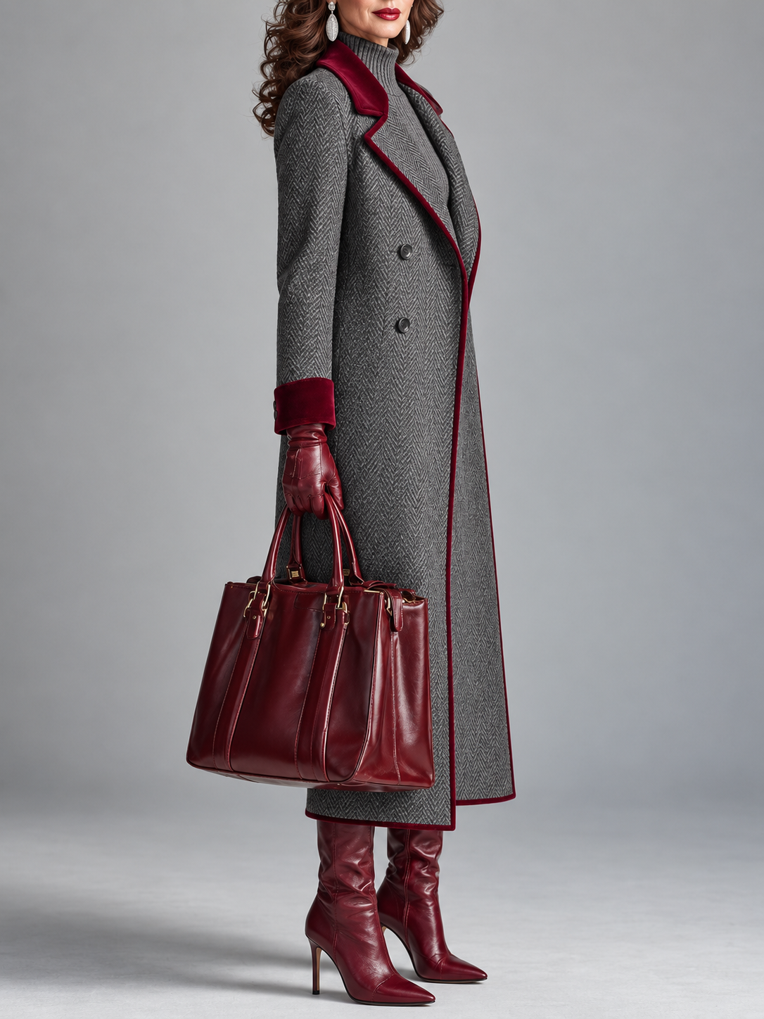 Dorothy - Herringbone Wool Long Coat with Velvet Trim