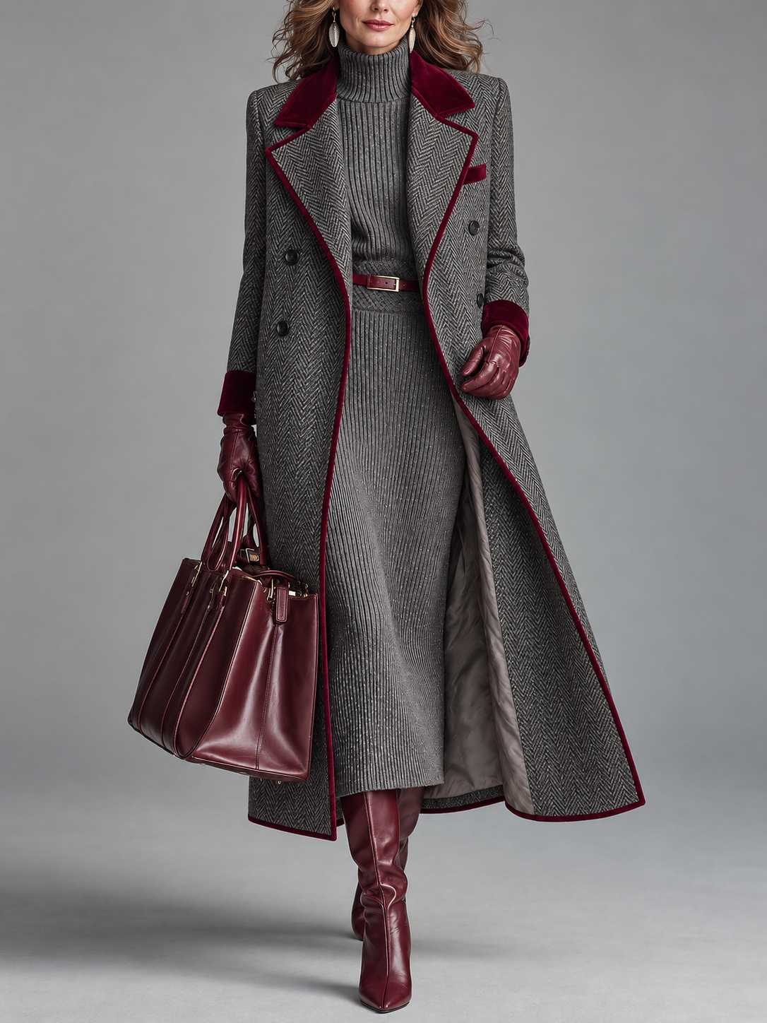 Dorothy - Herringbone Wool Long Coat with Velvet Trim
