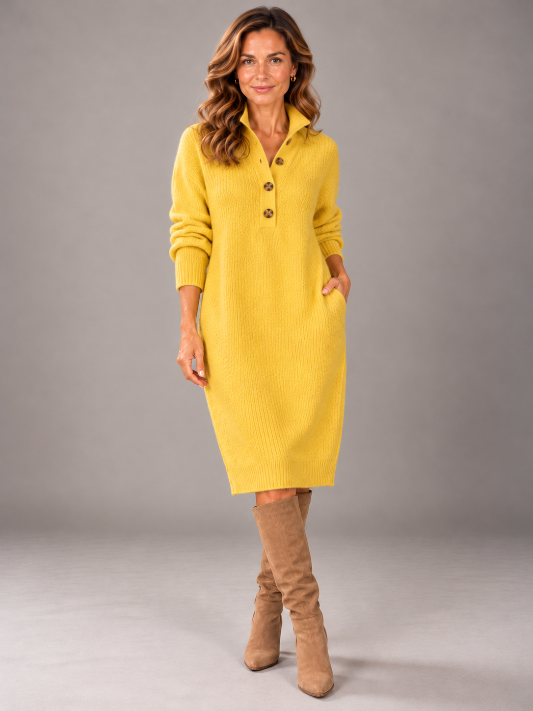 MARJORIE | Ribbed knit midi dress with a button collar