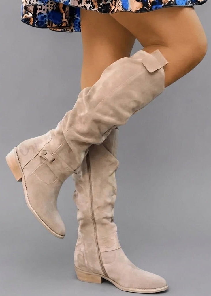 Nora - Suede-Look Knee-High Low Heel Boots