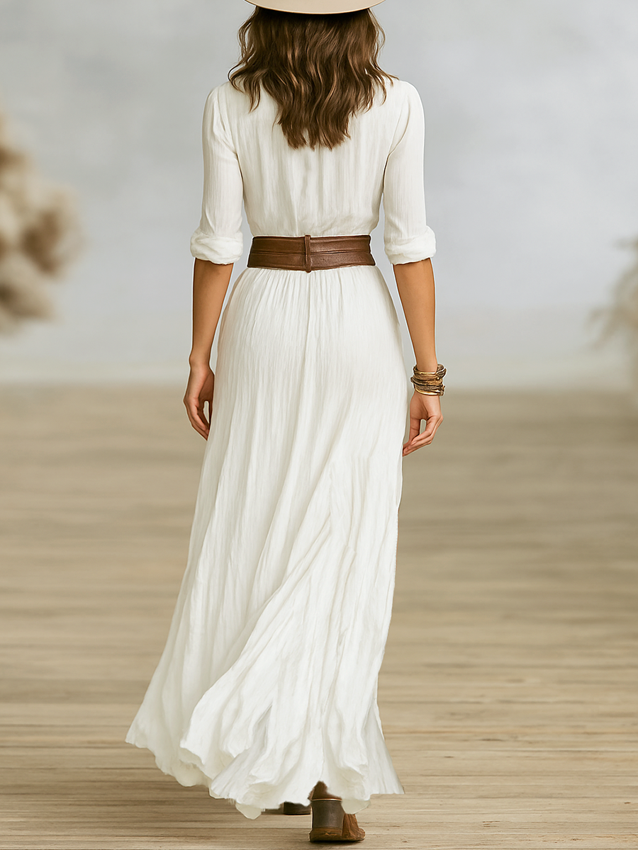 Angela - Long Linen Dress with Inverted Collar