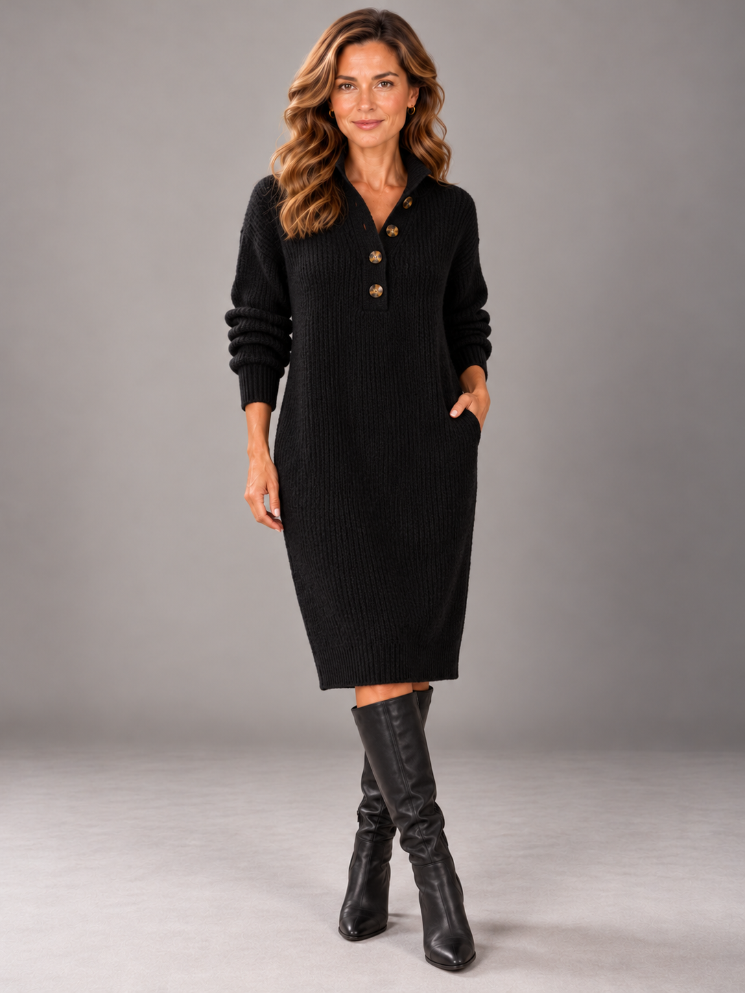 MARJORIE | Ribbed knit midi dress with a button collar