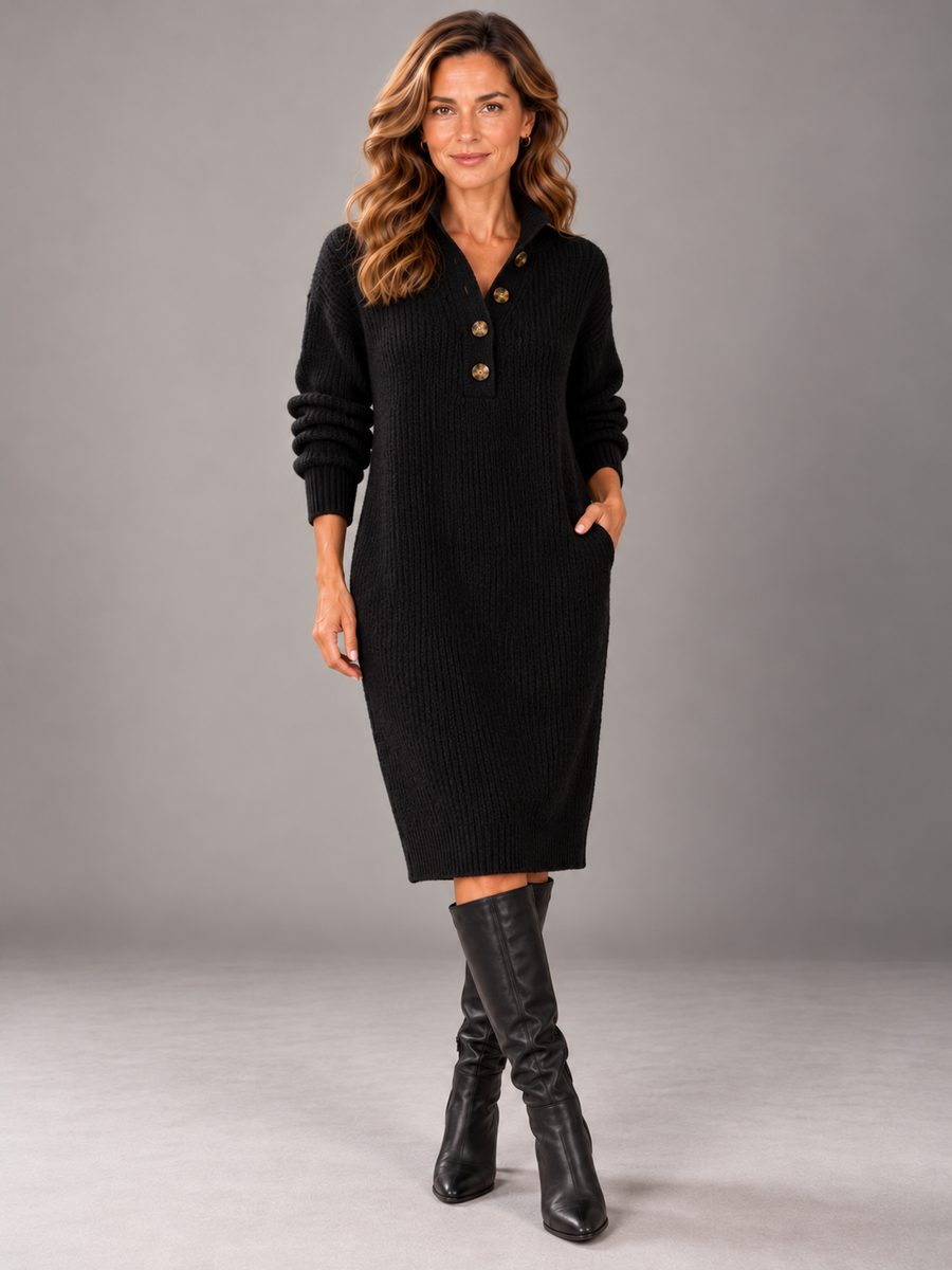 MARJORIE | Ribbed knit midi dress with a button collar