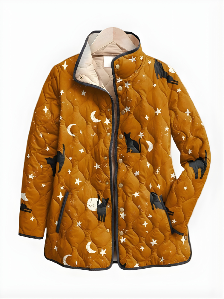 Maya - Black Quilted Jacket with Cat Pattern