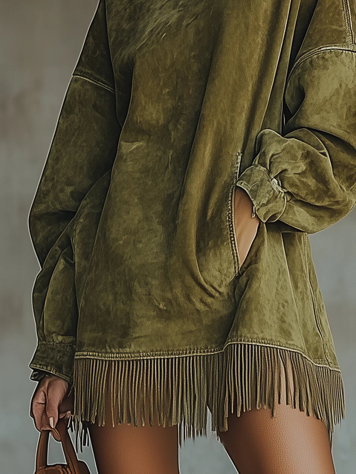 Gabriela - Suede Dress with High Neck and Fringe