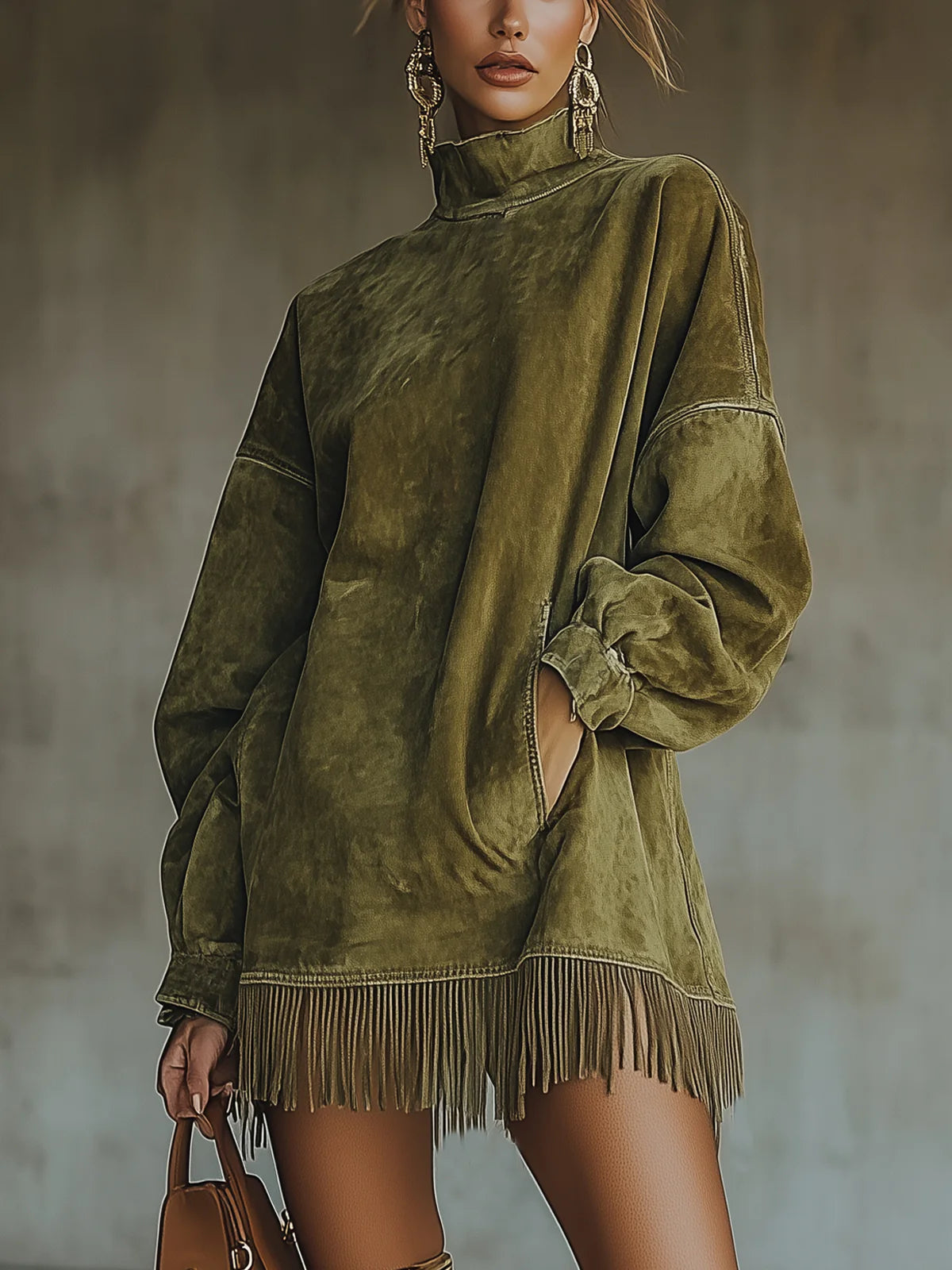 Gabriela - Suede Dress with High Neck and Fringe
