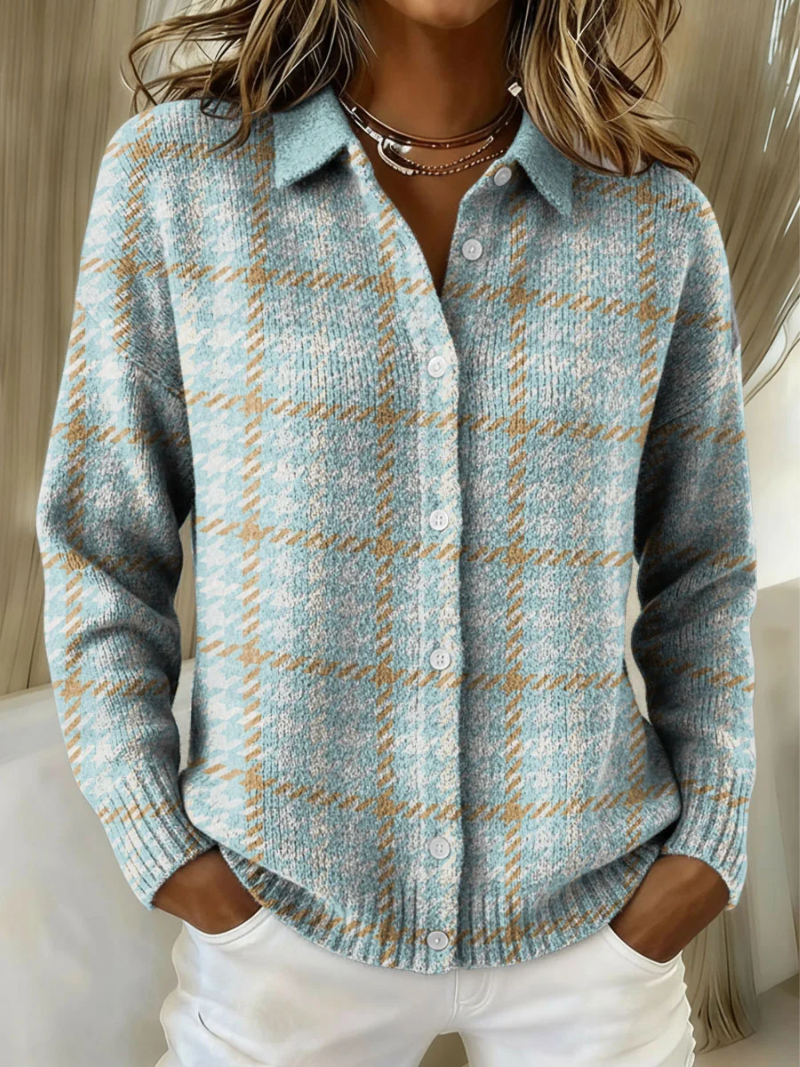 Faye - Sky Plaid Button Knit