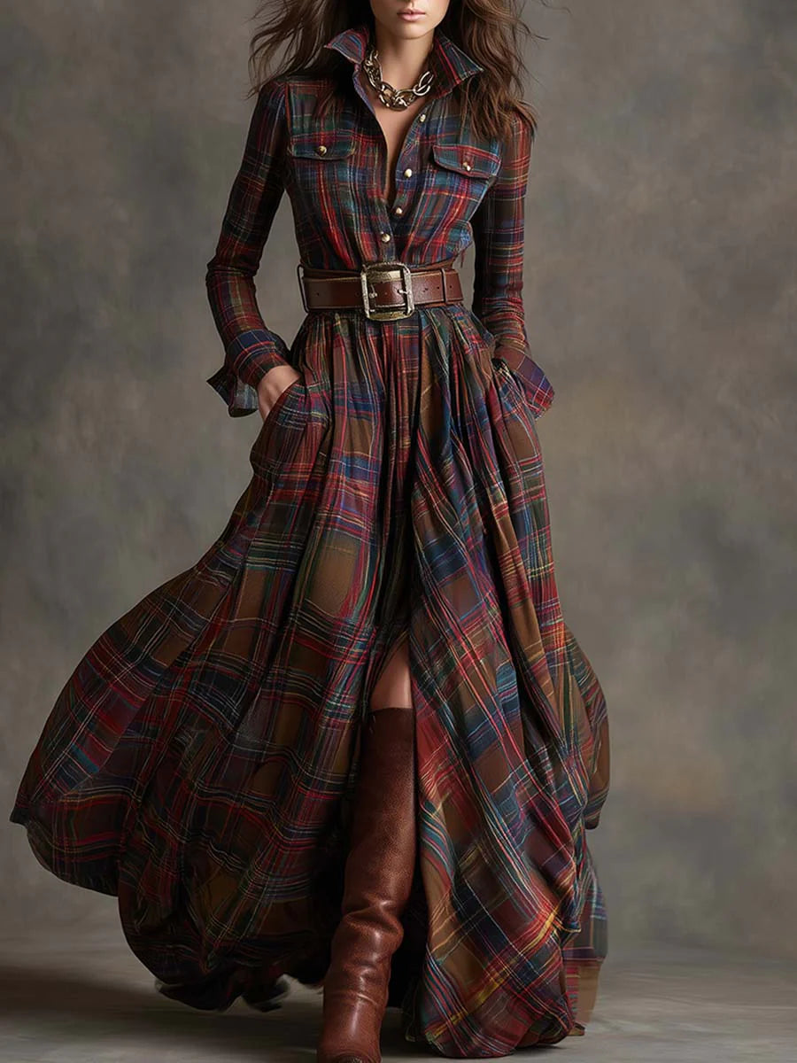 Beatriz - Long Checkered Dress with Belt