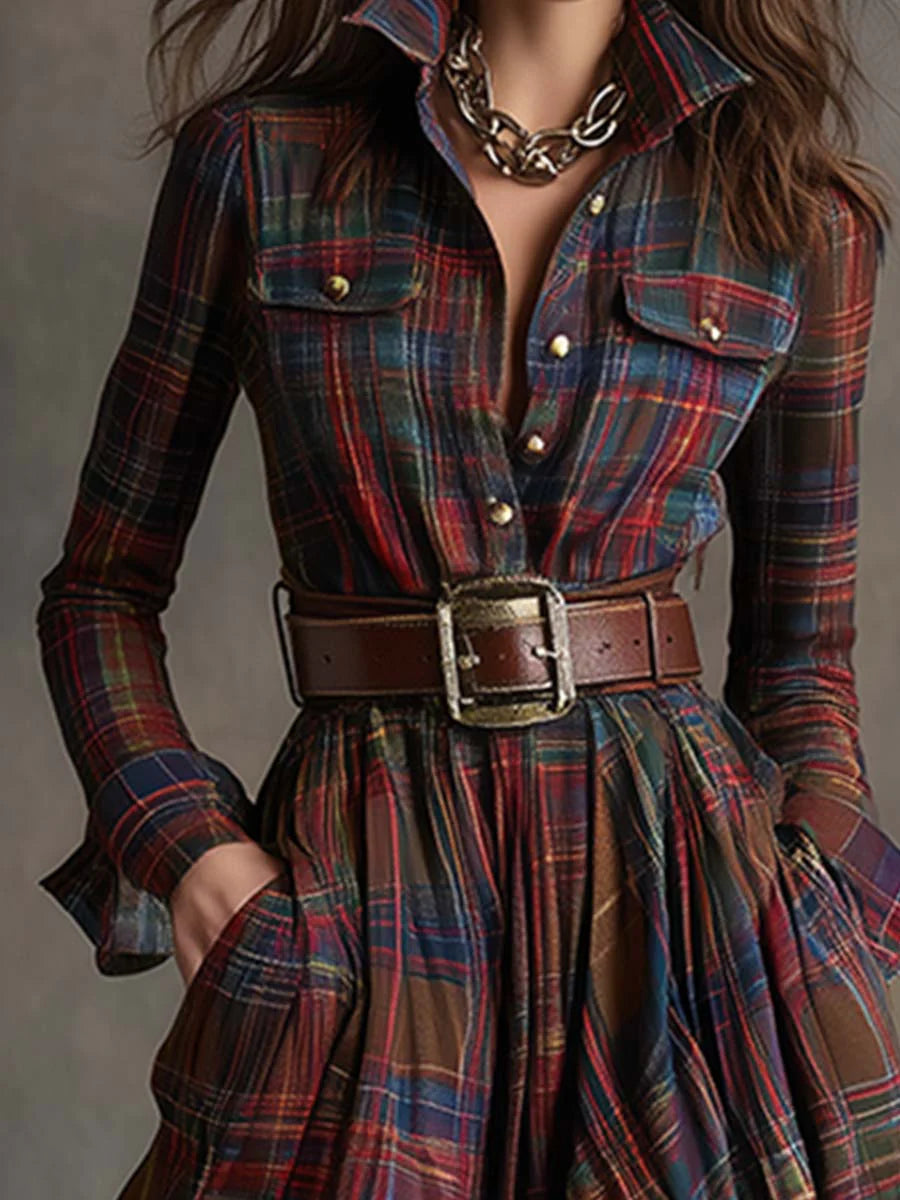 Beatriz - Long Checkered Dress with Belt