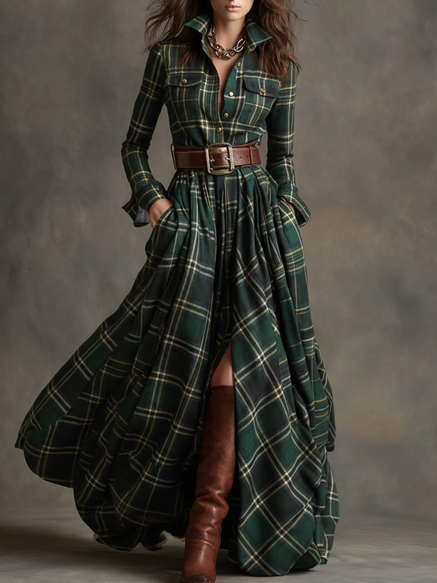 Beatriz - Long Checkered Dress with Belt
