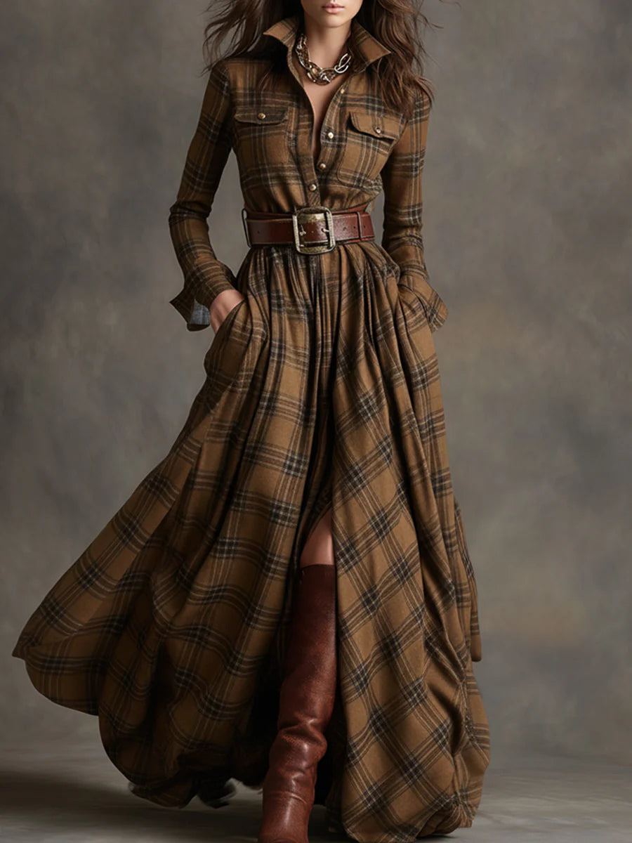 Beatriz - Long Checkered Dress with Belt