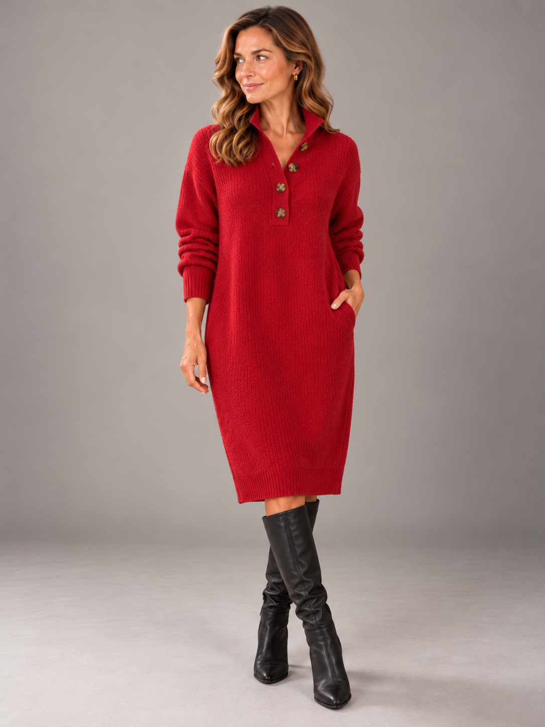 MARJORIE | Ribbed knit midi dress with a button collar
