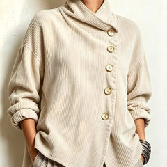 Chic High Funnel-Neck Asymmetrical Top in Cream